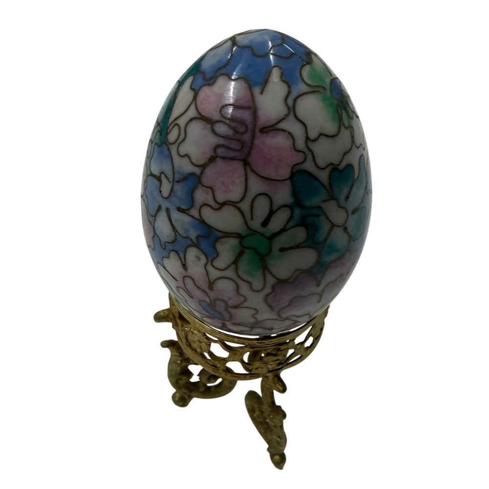 Vintage Cloisonne Enamel Floral Egg with Ornate Gold Tone Metal Stand